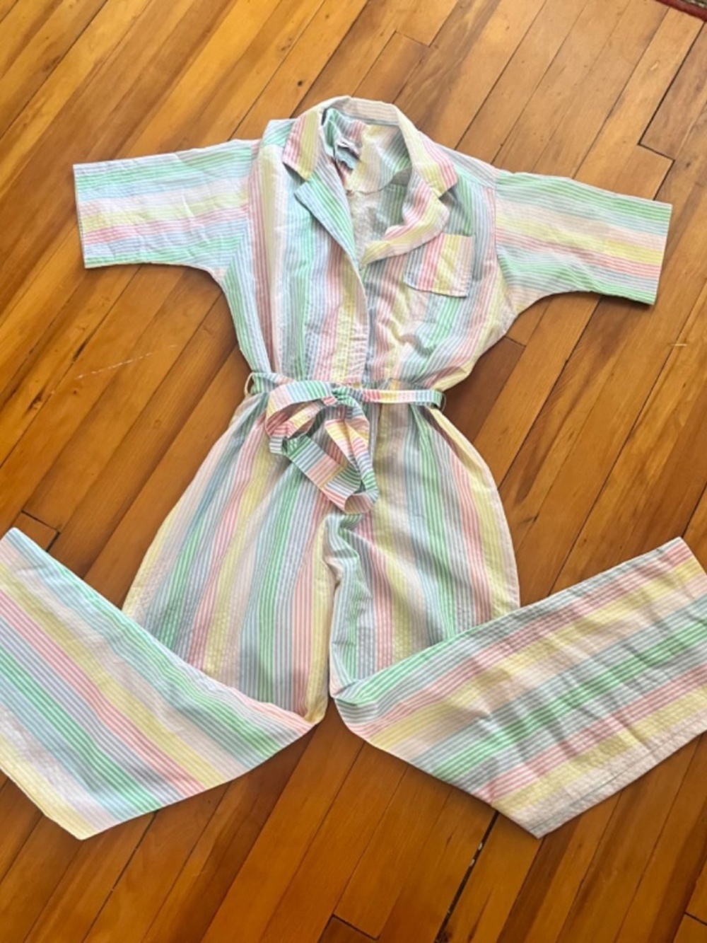 Vintage ‘80s jumpsuit in pastel rainbow striped cotton - sz medium